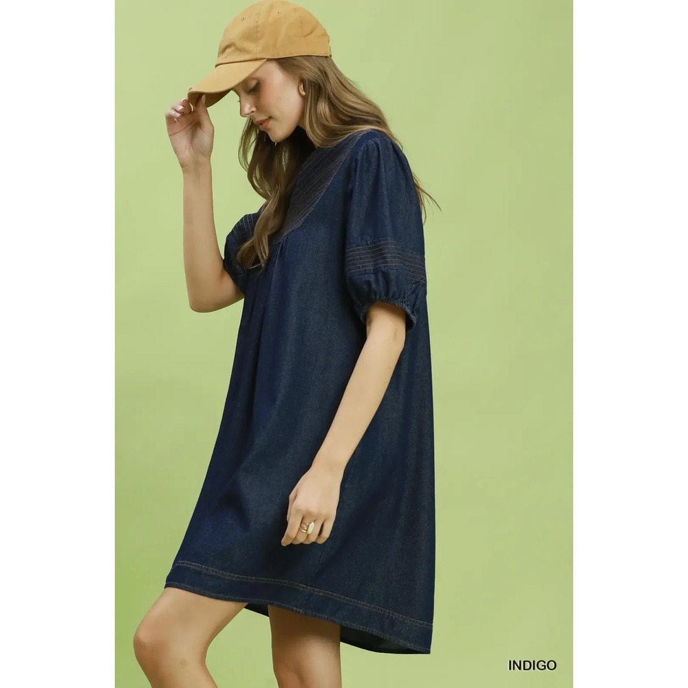 Umgee Notched Puff Sleeve Mini Dress with Pockets - Small - Picture 2 of 5